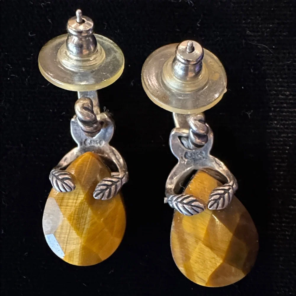 Sterling Silver and Tiger Eye Dangle Pierced Earrings Marked 925 - Picture 2 of 3